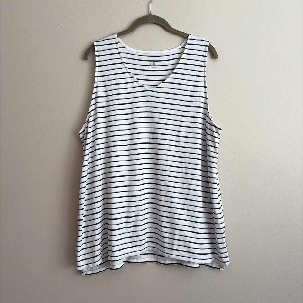 J Jill Womens Pima V-Neck Tank White Blue Striped Size XL Cotton Basic Layering